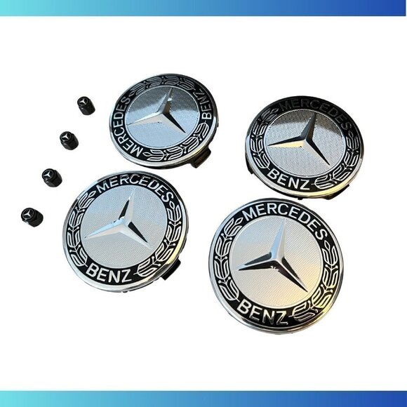 COMBO! MERCEDES BENZ 75MM Black Wheel Center + TIRE Black Caps Wreath MB - Picture 2 of 3